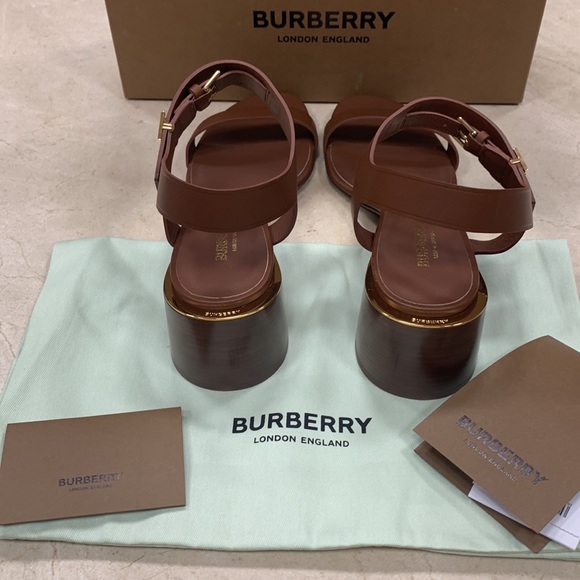 BURBERRY ALF HOLLYWELL 50 BLOCK HEEL SANDALS TAN WITH GOLD TB SIDE STRAP LOGO 40 - Picture 12 of 13